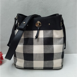 Kate Spade Black White Checkerboard Leather Bucket Crossbody Bag